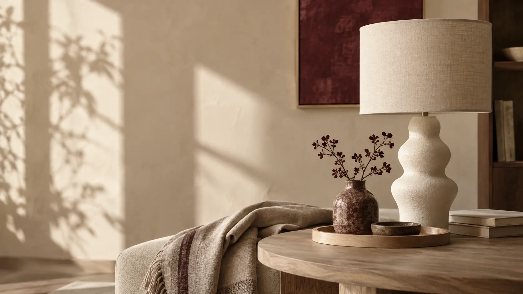 A quiet interior with a ceramic lamp, linen and oak objects